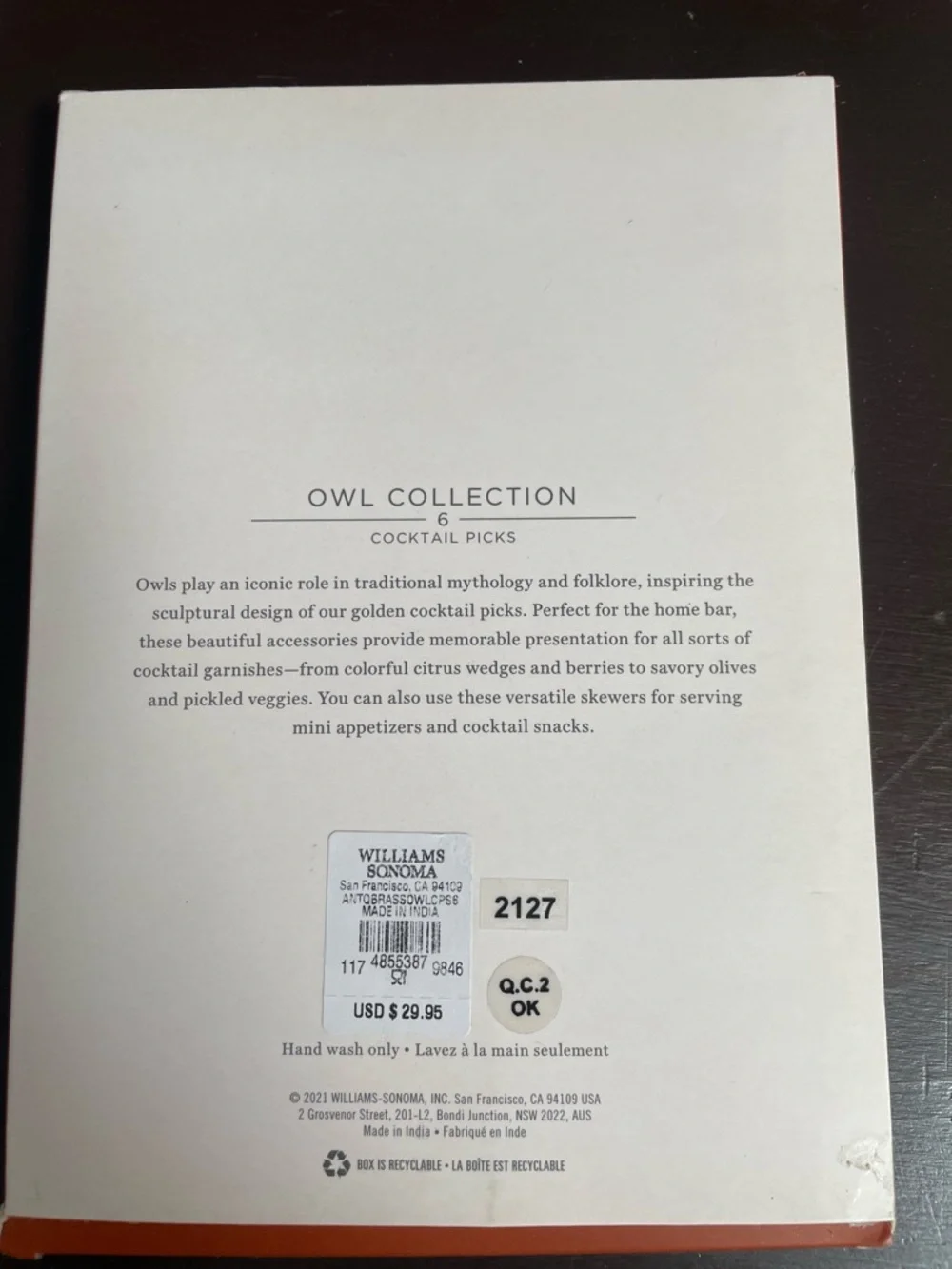 Williams Sonoma Gold Owl Cocktail Picks - Boxed Set